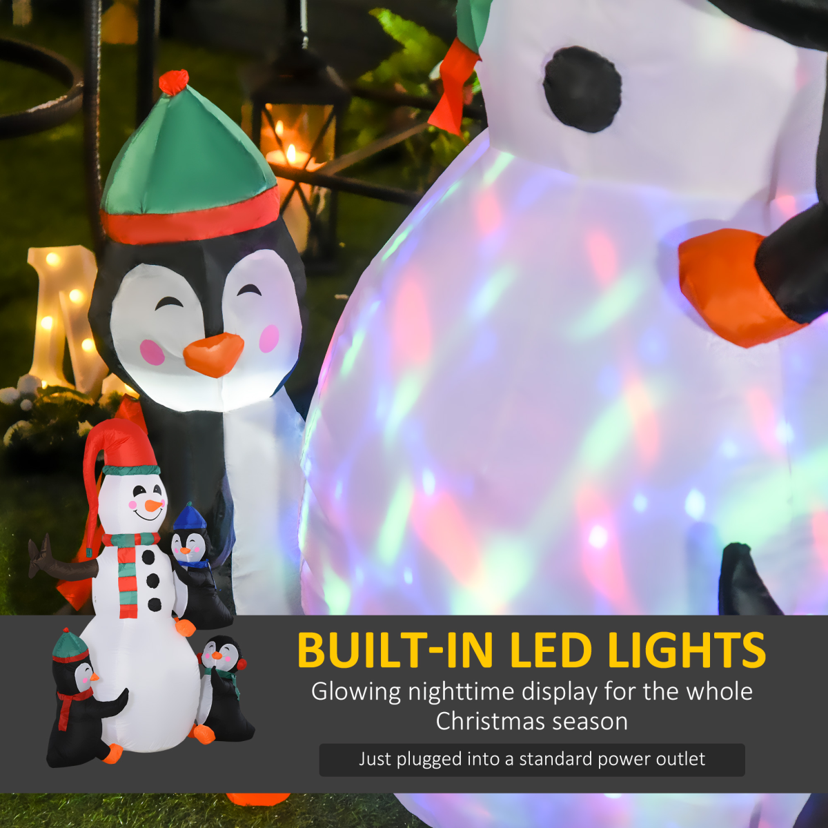 Clean product image of 6ft Inflatable Christmas Snowman with Three Penguins LED Outdoor Yard Deco suitable for SEO.