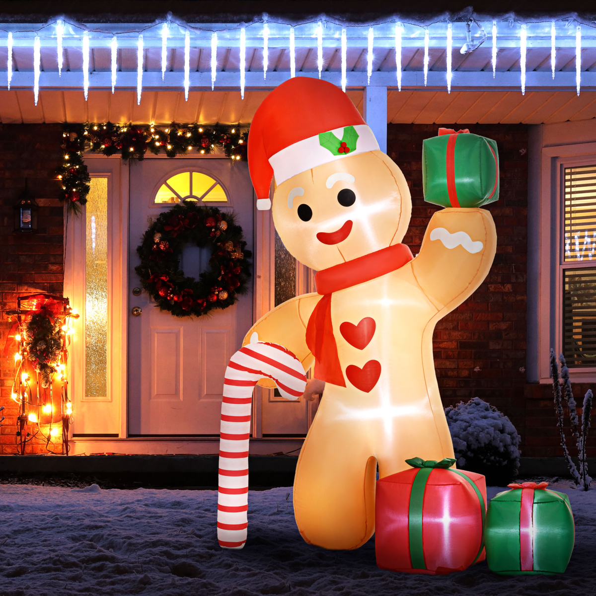 High-quality image of 8FT Christmas Blow Up Gingerbread Man with Candy Cane for Party for eCommerce listing.