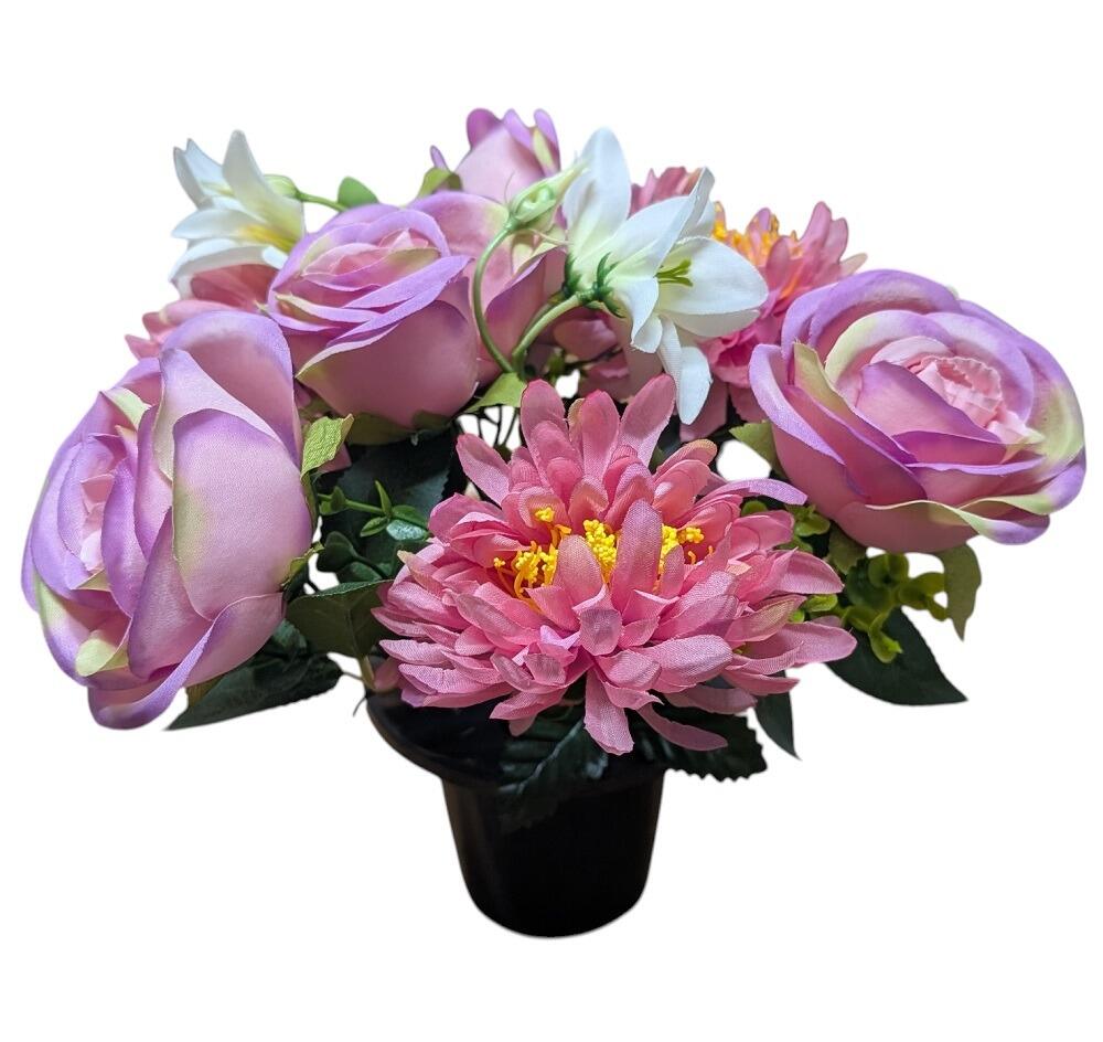 grave pot with flowers artificial pink
