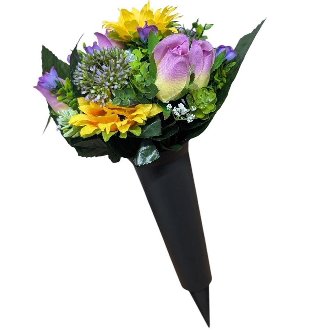 Black Grave Spike Vase with Lilac Roses and Sunflowers