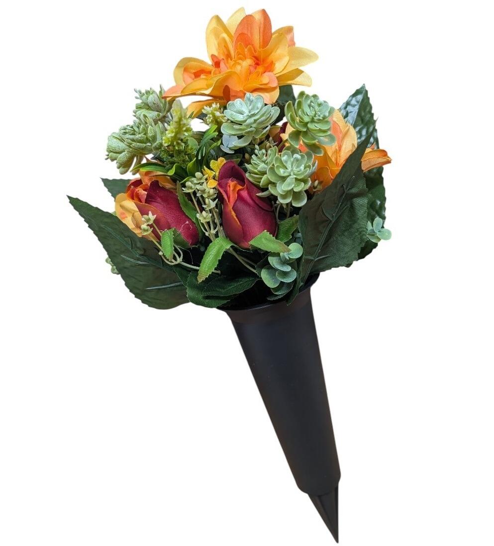 Black Grave Spike Vase Orange and Red Dahlia Rose Mix