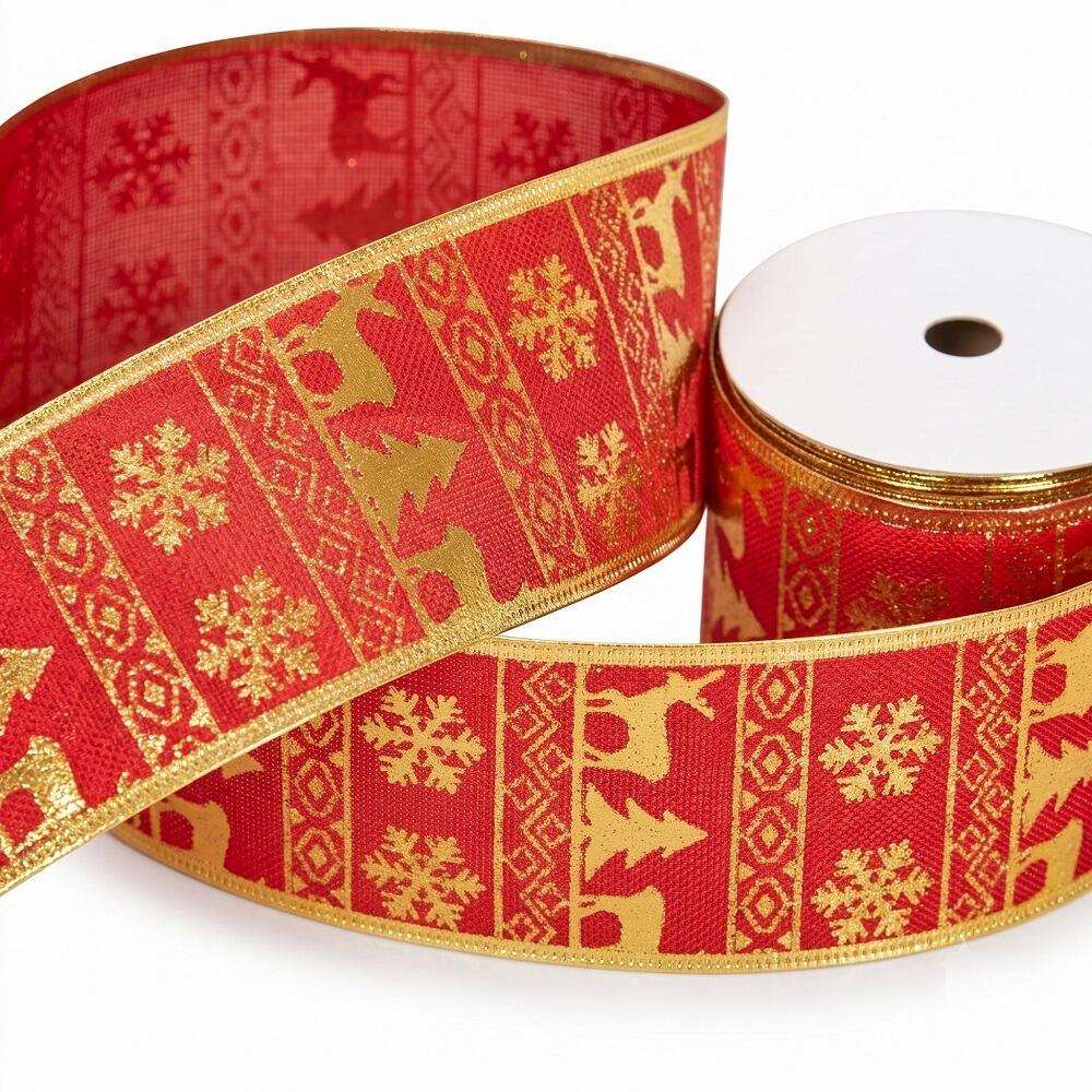 red christmas ribbon reindeer wired edge roll