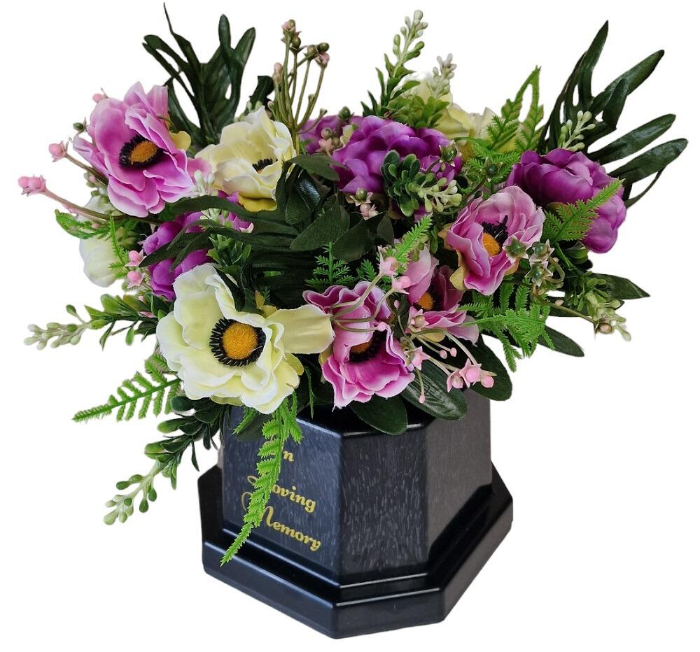 grave pot with purple and ivory anemone flowers