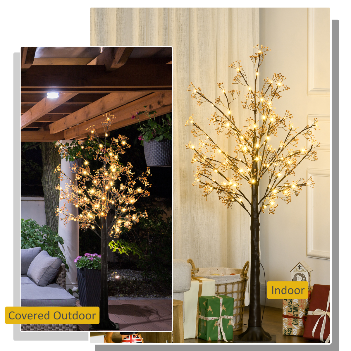 Warm white LED lights and baby breath flowers to decorate the artificial tree Pre-lit design saves your time in arranging the light LED lights consume little energy and are cool to touch The bendable branches allow for DIY tree shape Suitable for indoor and covered outdoor, including home, parties, patio, etc.