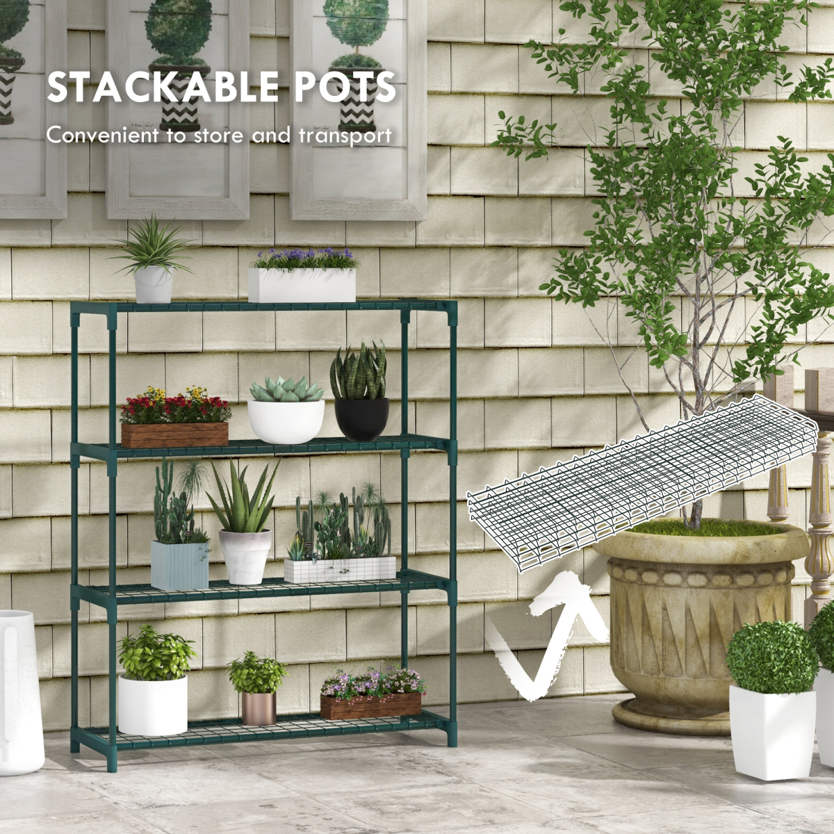 【DRAW A LINE 】Moving Planter Rack Set Plant Stand, 4-Tier Planter Holder Flower Display Rack
