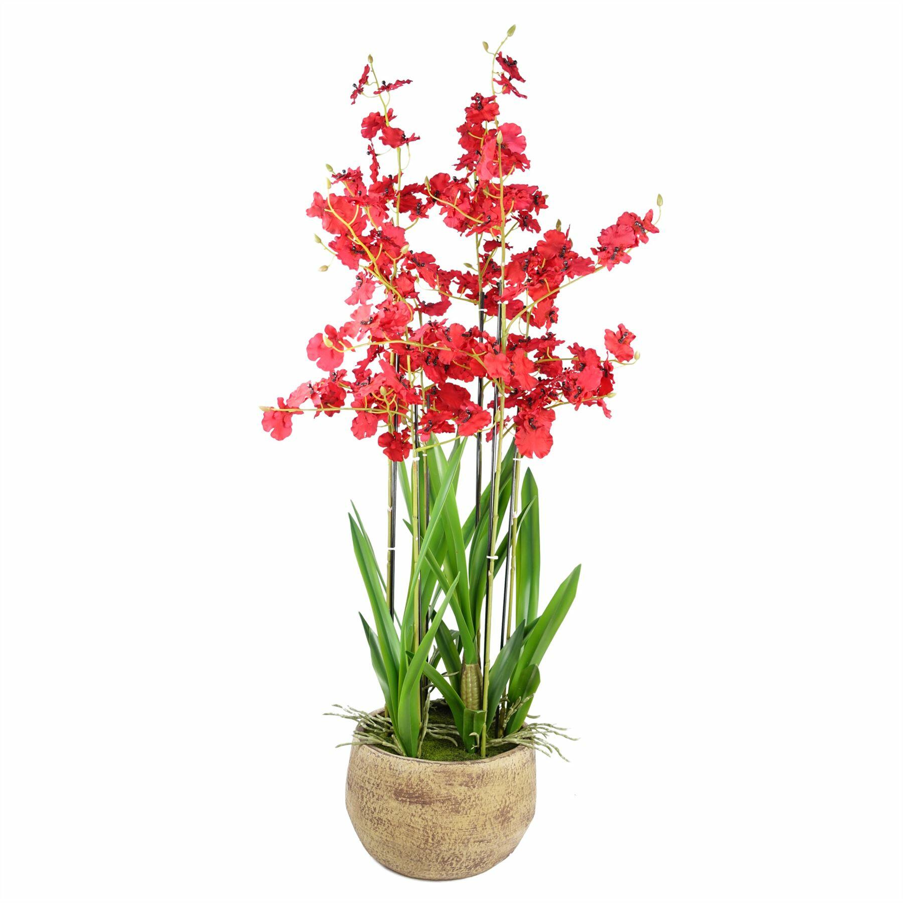 Oncidium Artificial Orchid Red in Stoneware Planter
