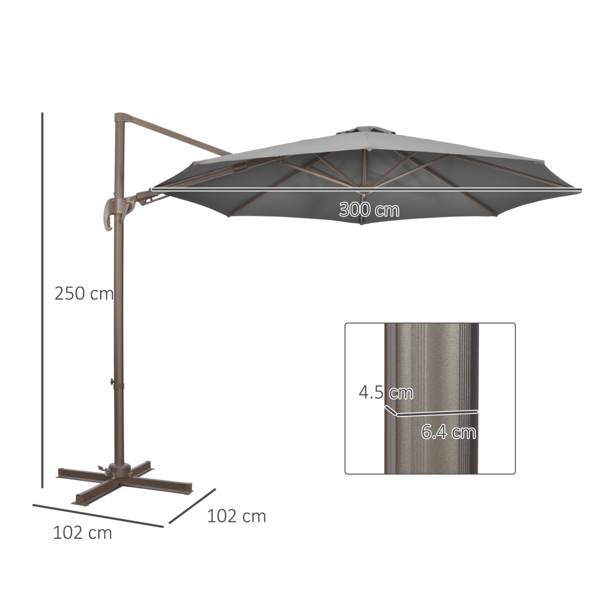 3m Cantilever Parasol 360 Rotation Roma Umbrella with Tilt Grey