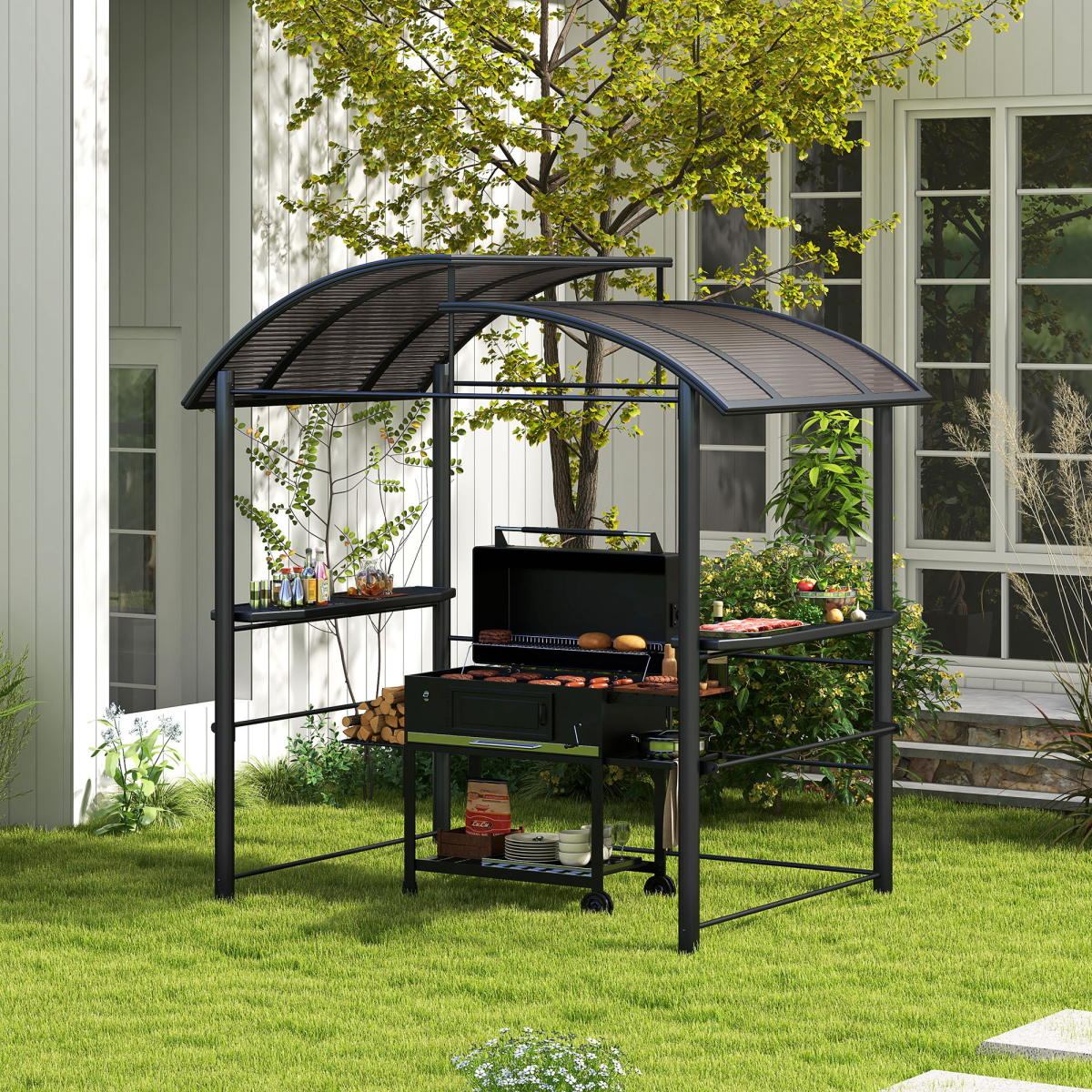 BBQ Patio Canopy Gazebo with Polycarbonate Roof 2 Shelves