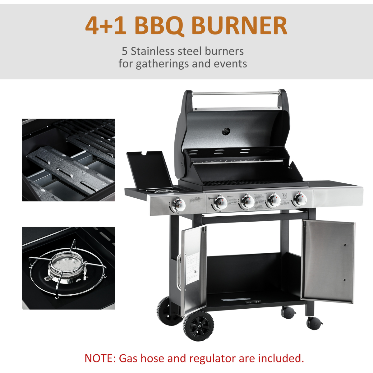 Gas Barbecue Grill 4+1 Burner BBQ Trolley Stainless Steel