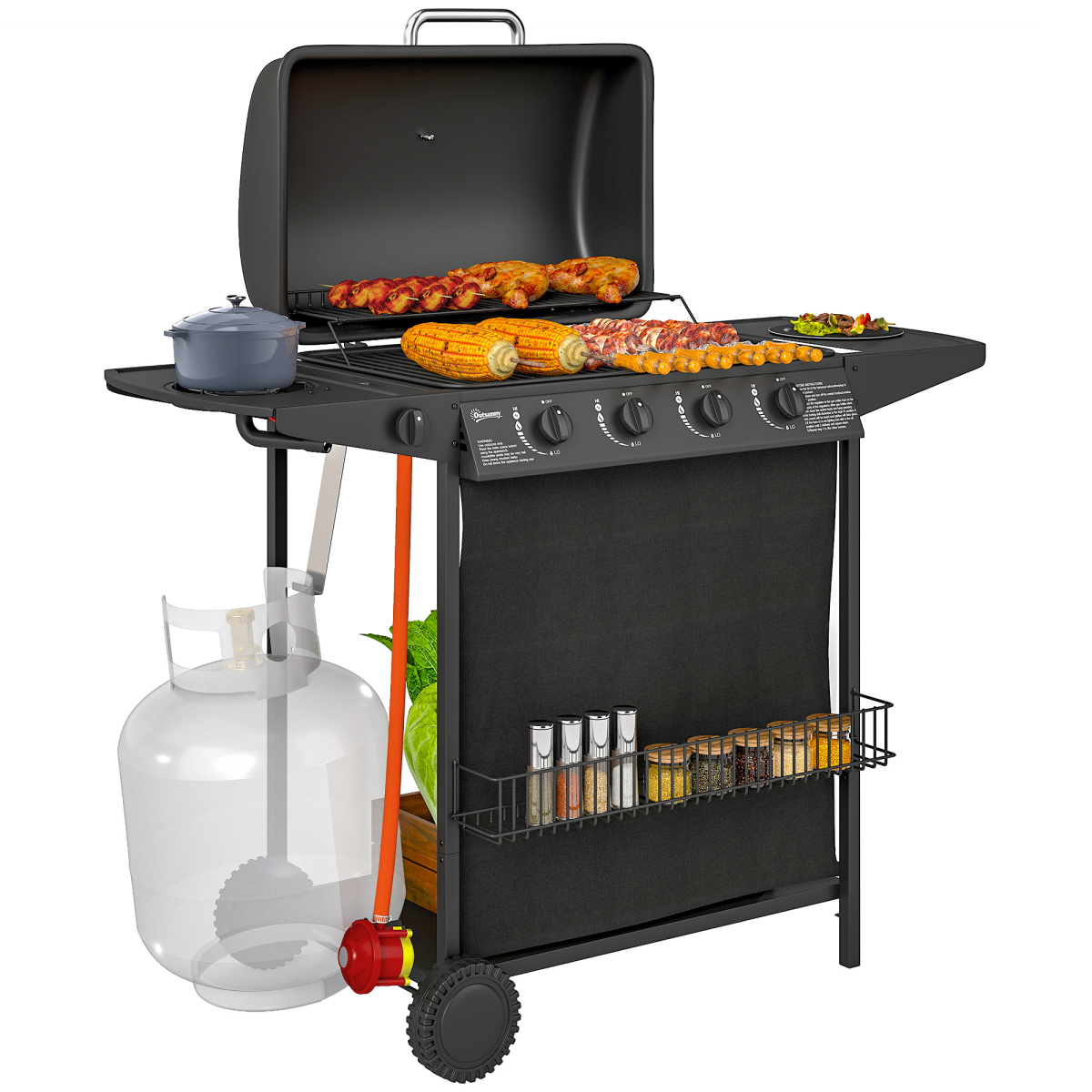 5 Burner Gas Barbecue Grill Portable BBQ Grill with Lid, Black