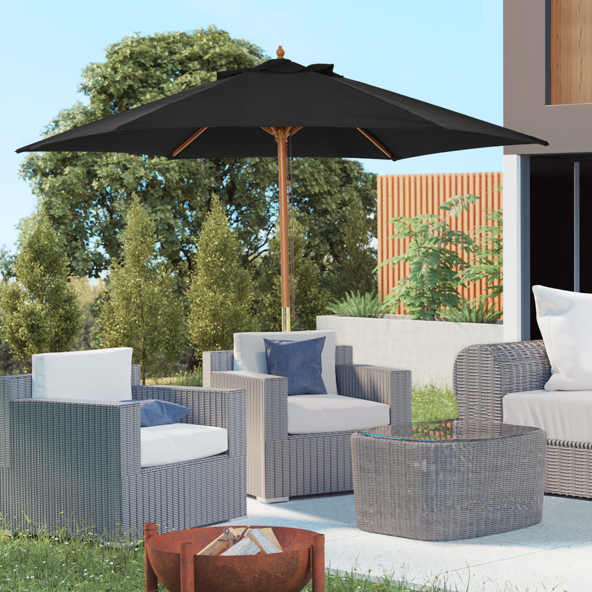 2.5m Wood Garden Parasol Umbrella Black