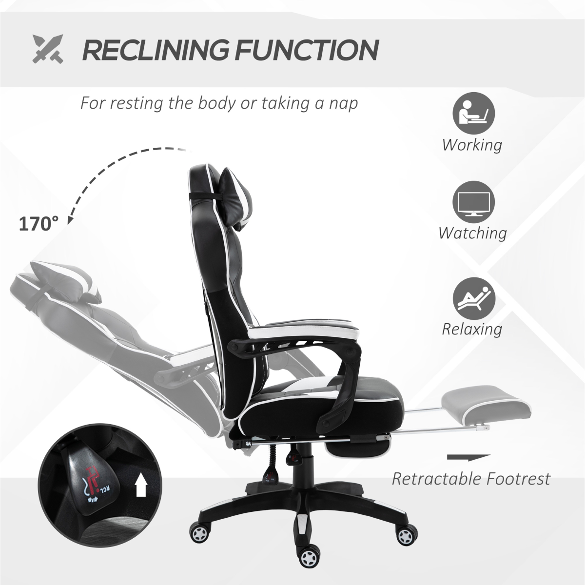 gaming chair ergonomic reclining w manual footrest wheels view 5