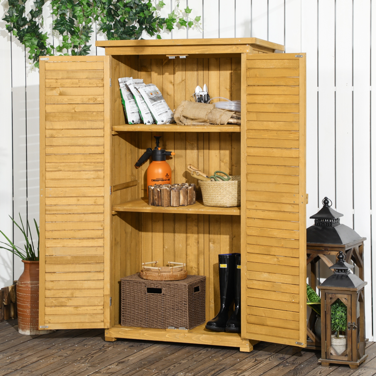 wooden garden storage shed unit 3tier shelves tool view 2