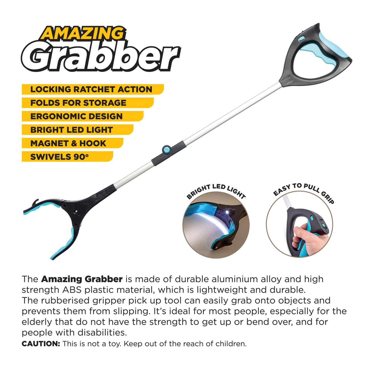 angled view of lightweight folding long reach picker grabber grabbing tool with led light