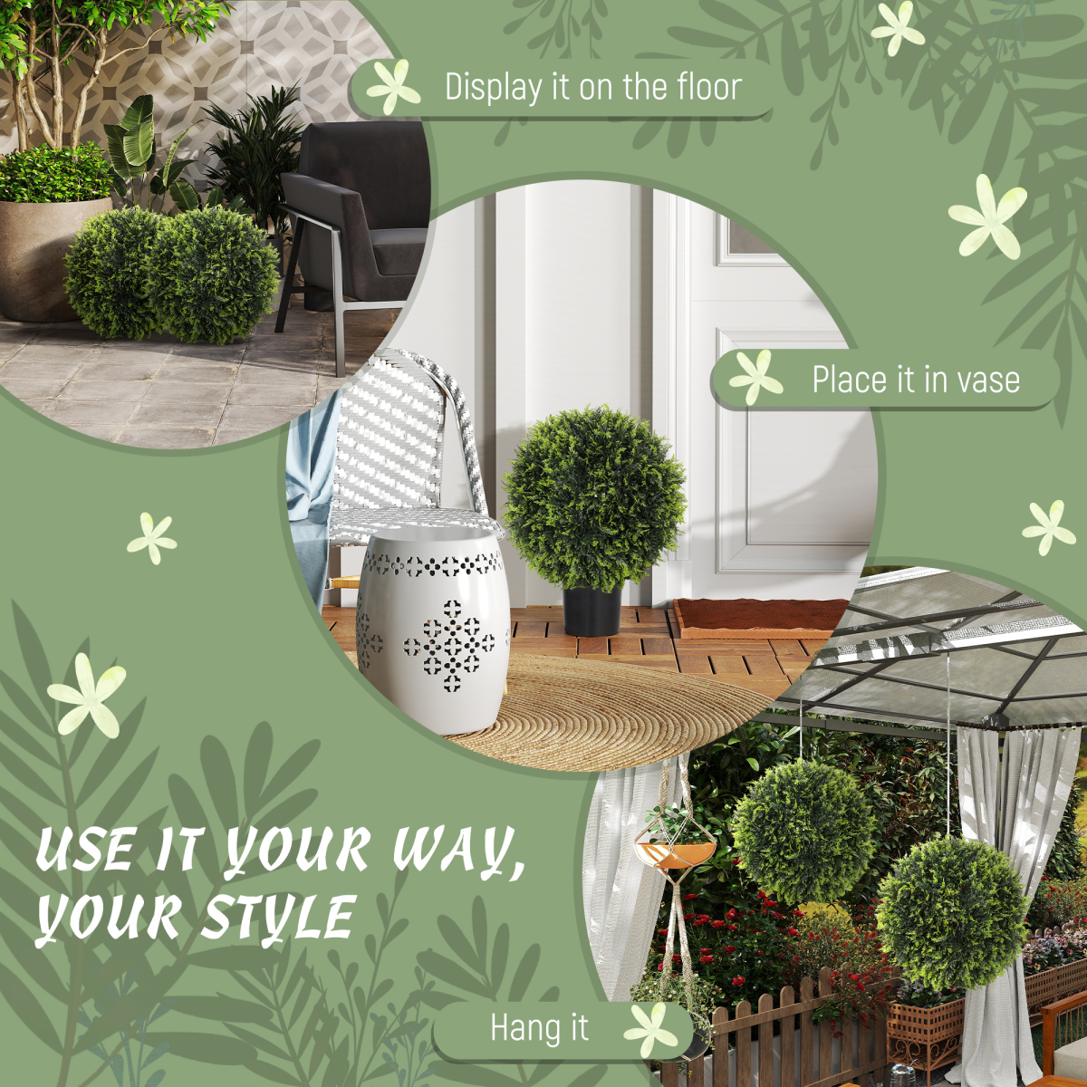 image of set of 2 artificial plant topiary balls, faux plants for decor, green view 7
