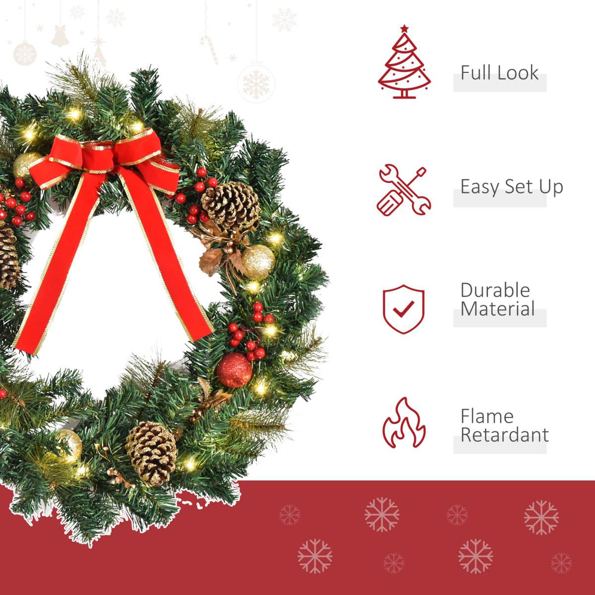 60cm Pre-Lit Artificial Christmas Door Wreath Holly LED Decor Pine Cones Hanging