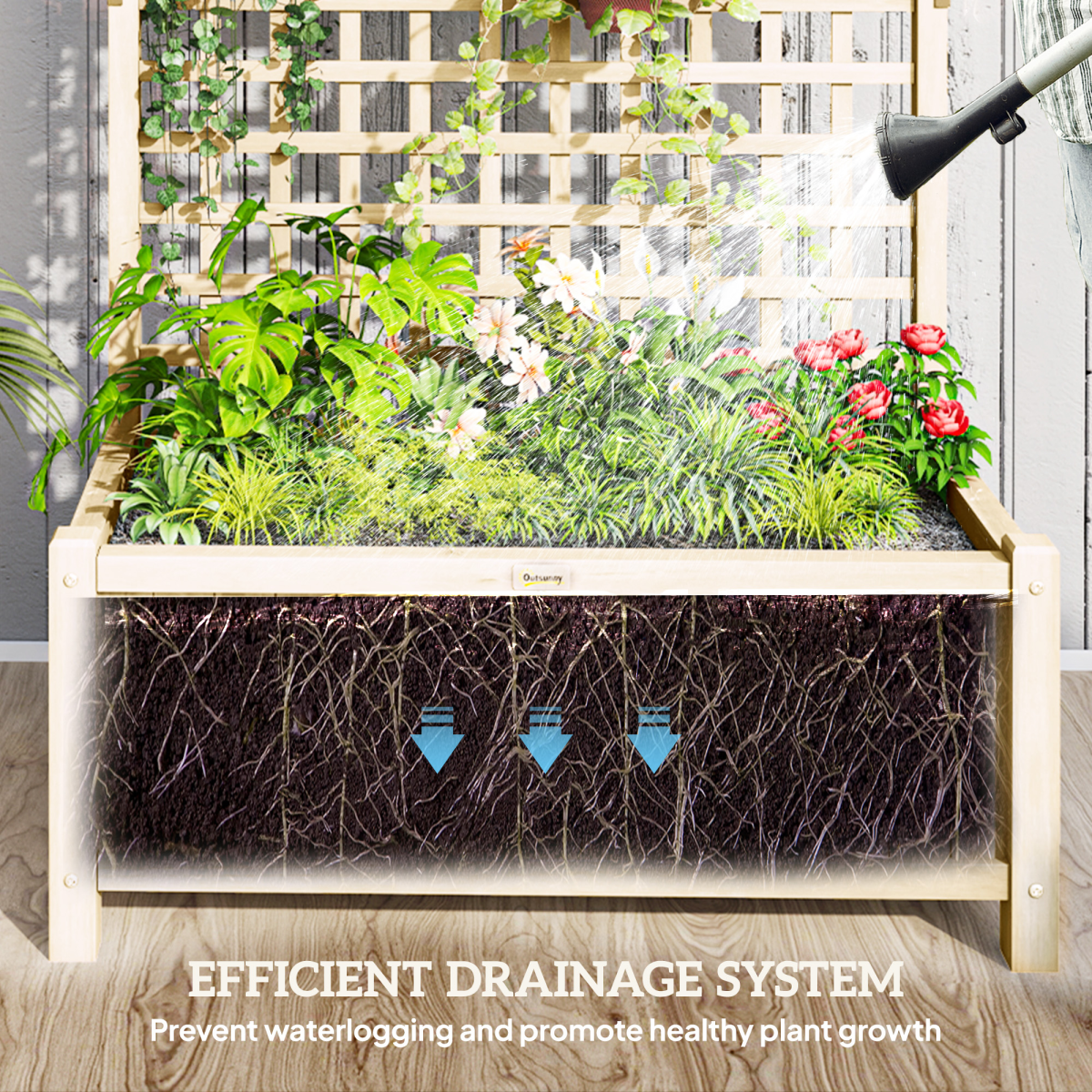 example of wood planter with trellis for climbing plants vines planter box natural in a setting