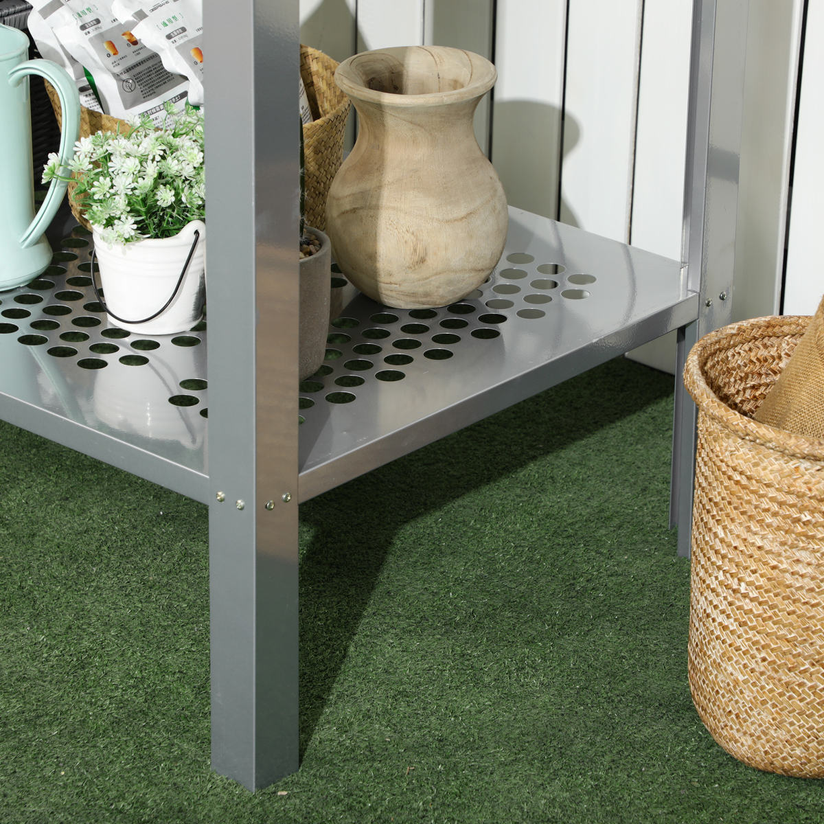 top view of 2-tier plant stand storage organizer steel display shelf for patio