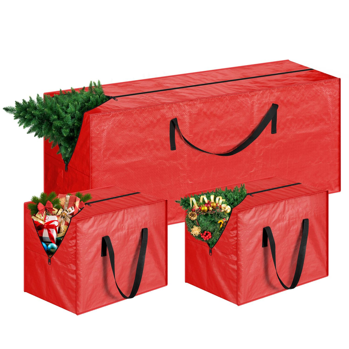 3 piece storage bags for christmas trees and decorations designed to protect holiday decorations