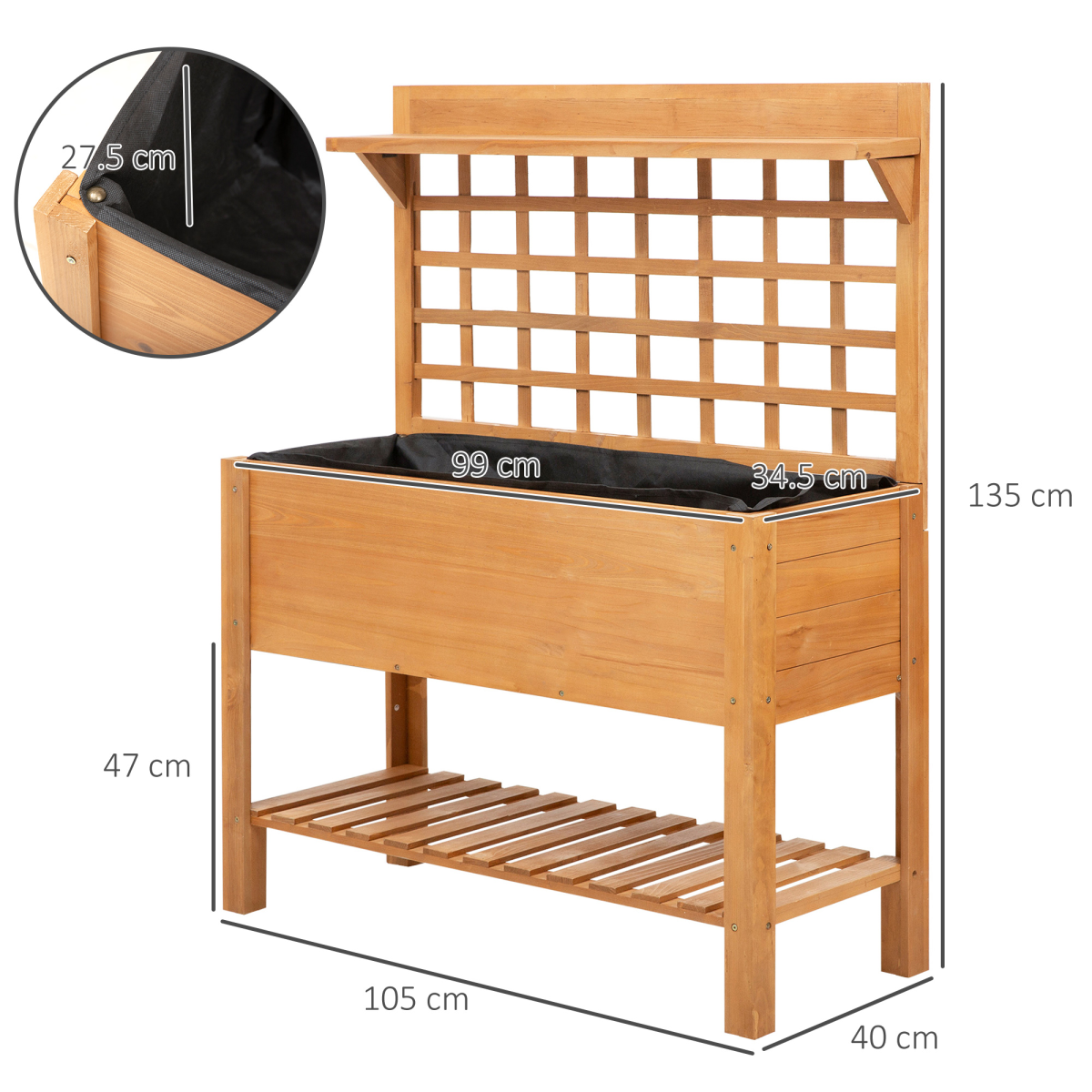 105x40x135cm Wooden Planter Raised Elevated Bed Planter Flower with 2 Shelves alternative style 3