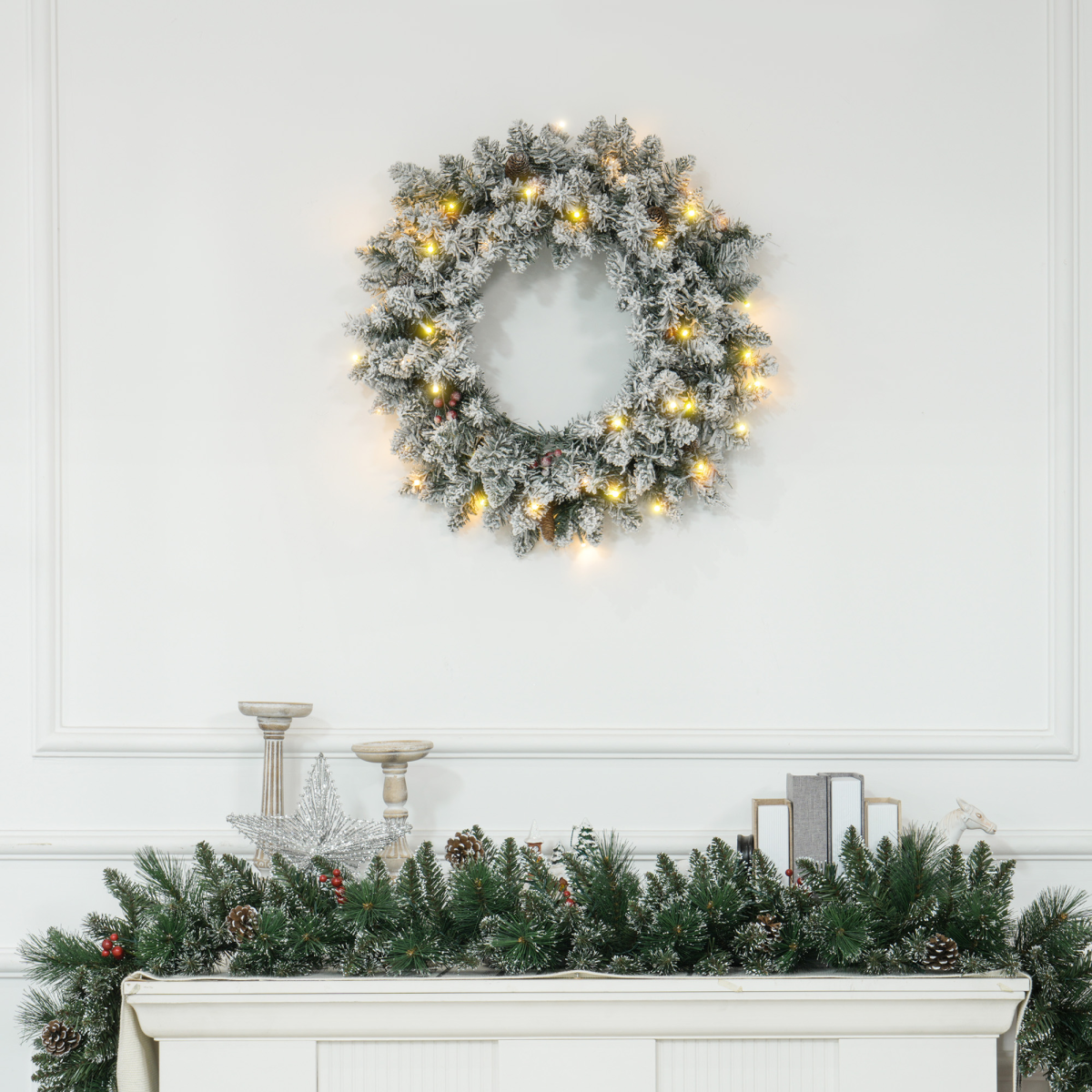 photo showing 60cm Flocked Christmas Wreath with Lights Pine Cones Red Berries Green