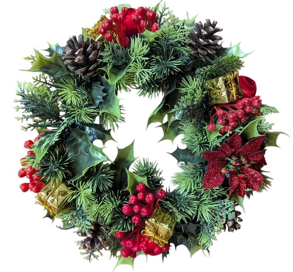 artificial chritmas door wreath with berrys holly cones