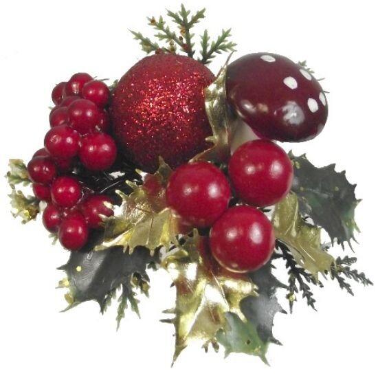 Christmas Artificial Pick with Red Mushrooms and Berries with Green and Gold Foliage