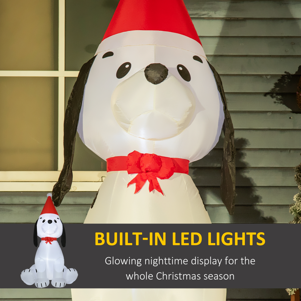 Close-up picture of 6ft Inflatable Christmas Puppy Dog Wearing Santa Hat Lighted on a clean background.