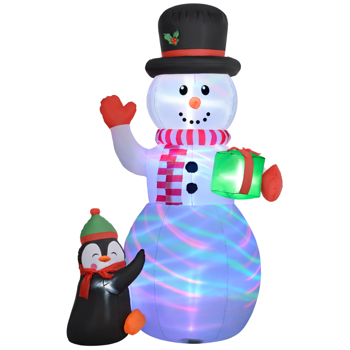 Image showing 8FT Inflatable Snowman Holding Gift Box with Penguin and LED Lights with crisp detail.