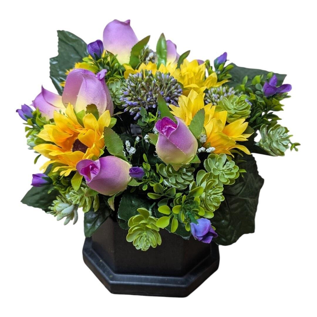 Artificial Grave Flowers in Pot - Sunflower and Rose Mix
