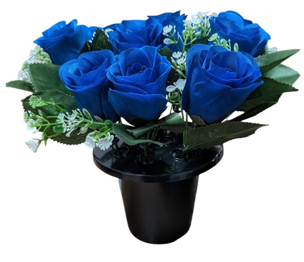 Grave Flower Vase Pot with Rosebud Artificial Flowers blue