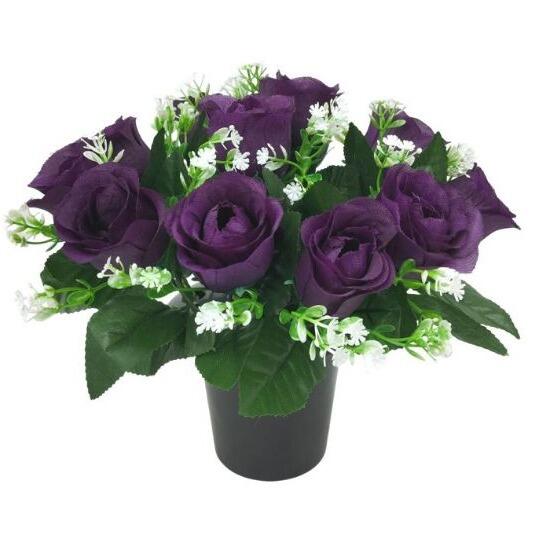 Memorial Flower Vase Pot with Rosebud Artificial Flowers Purple