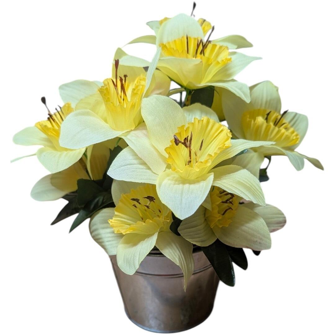 Artificial Metal Plant Pot with Flowers Yellow Daffodils