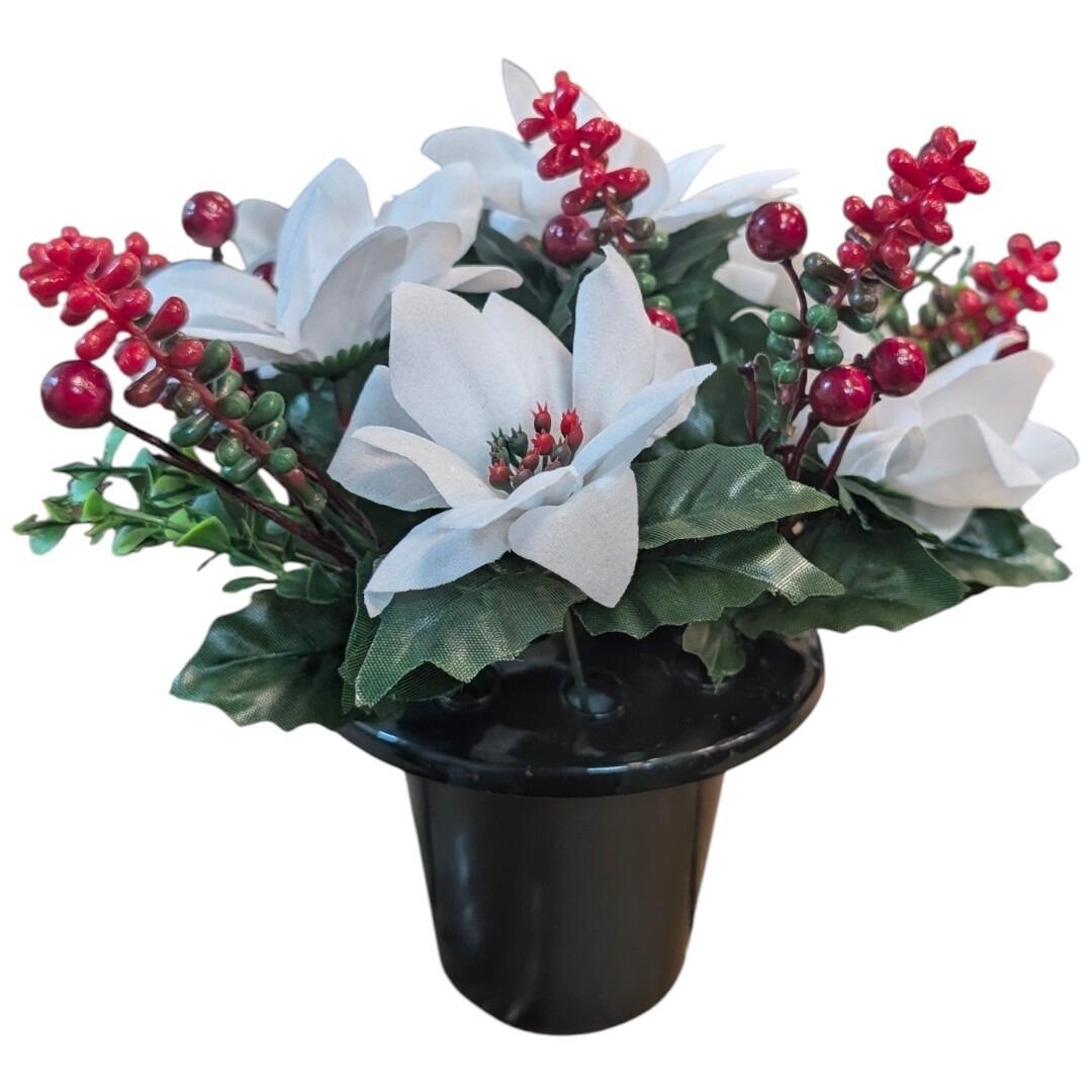 Grave Pot with Artificial Christmas Flowers - White Poinsettia, Berries and Foliage