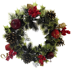 11 INCH PLASTIC HOLLY CHRISTMAS WREATH WITH ROSES APPLES AND CONES RED