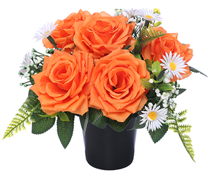 cemetery pot grave with roses artificial flowers orange
