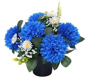 grave vase pot with blue artificial flowers