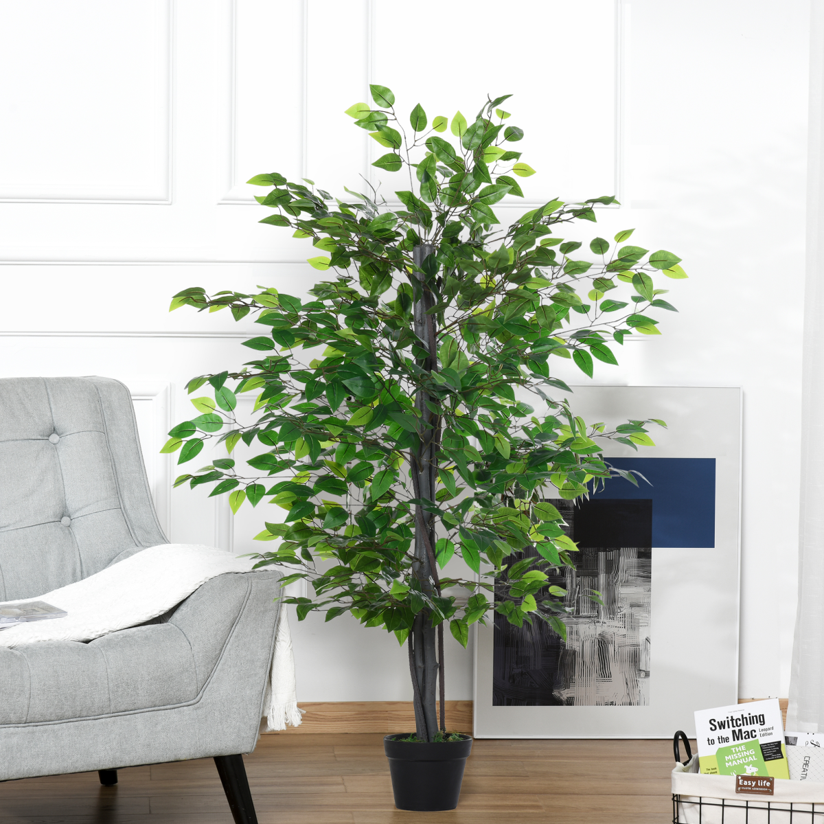 Artificial Banyan Plant Faux Decorative Tree Cement Pot Outsunny