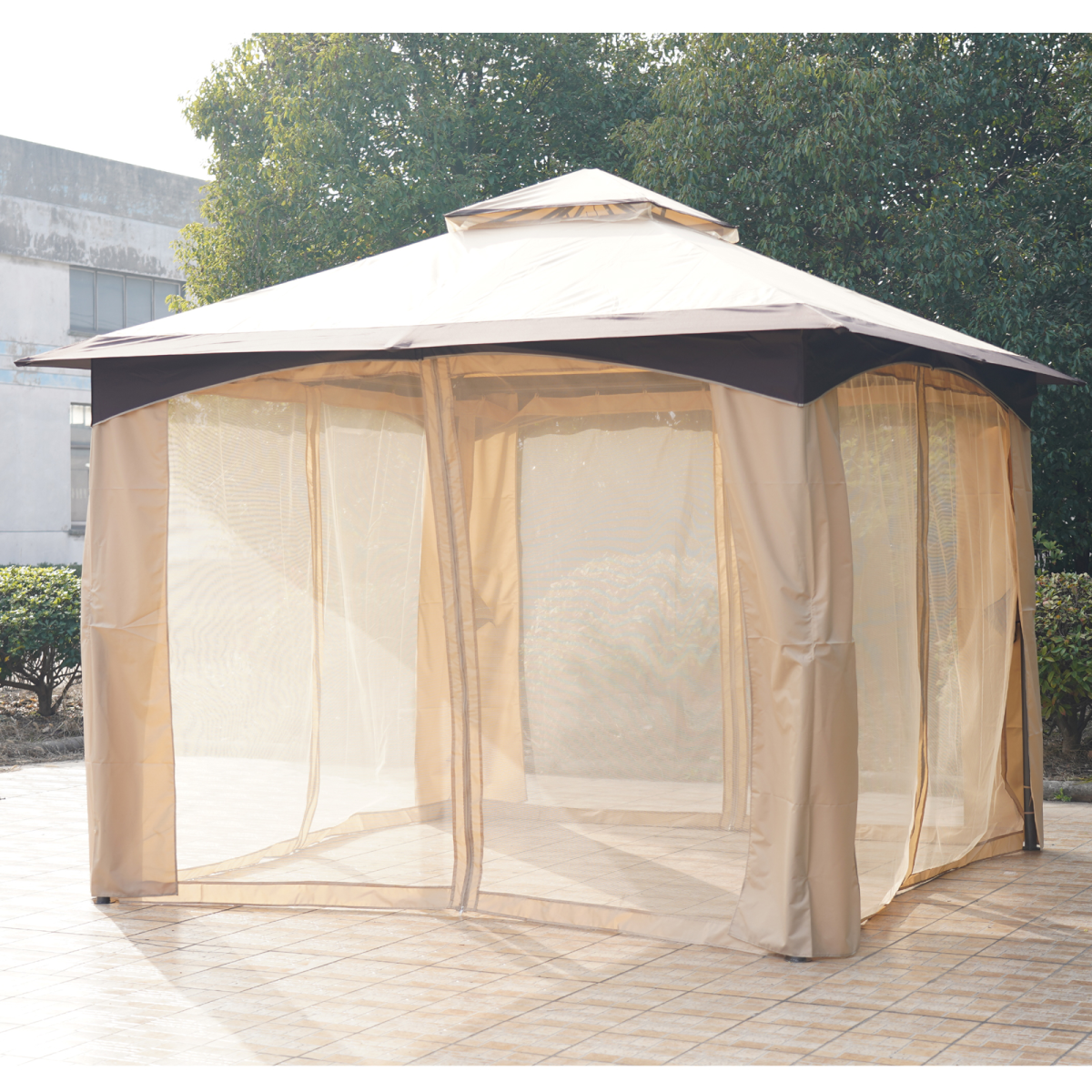 2-Tier Roof Gazebo Steel Frame Mesh Sidewalls