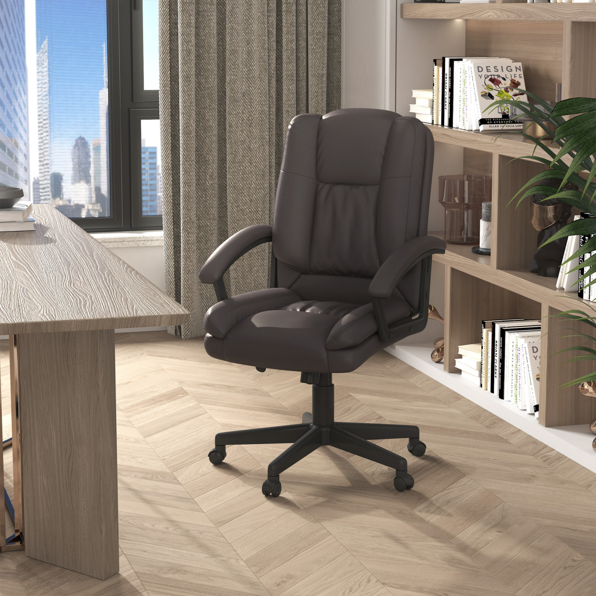 Swivel Executive Office Chair Mid Back PU Leather Chair, Brown