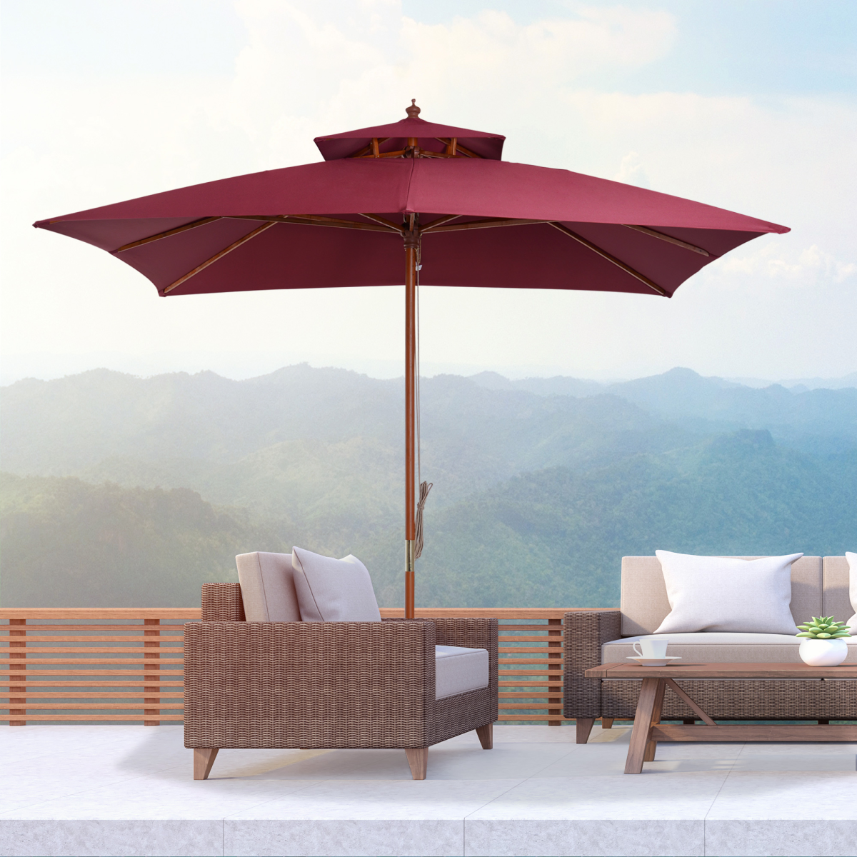 3m Patio Umbrella Bamboo Umbrella Parasol - Wine Red
