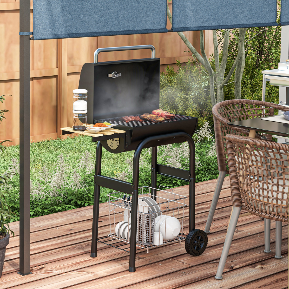Charcoal Barbecue BBQ Grill Trolley - Shelves, Lid and Thermometer