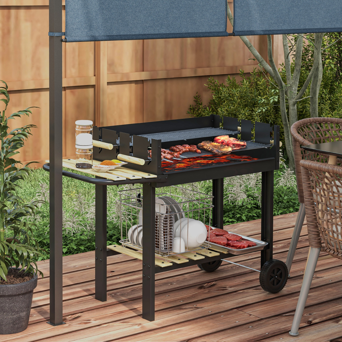 Charcoal BBQ Grill with Side Table & Storage Shelf