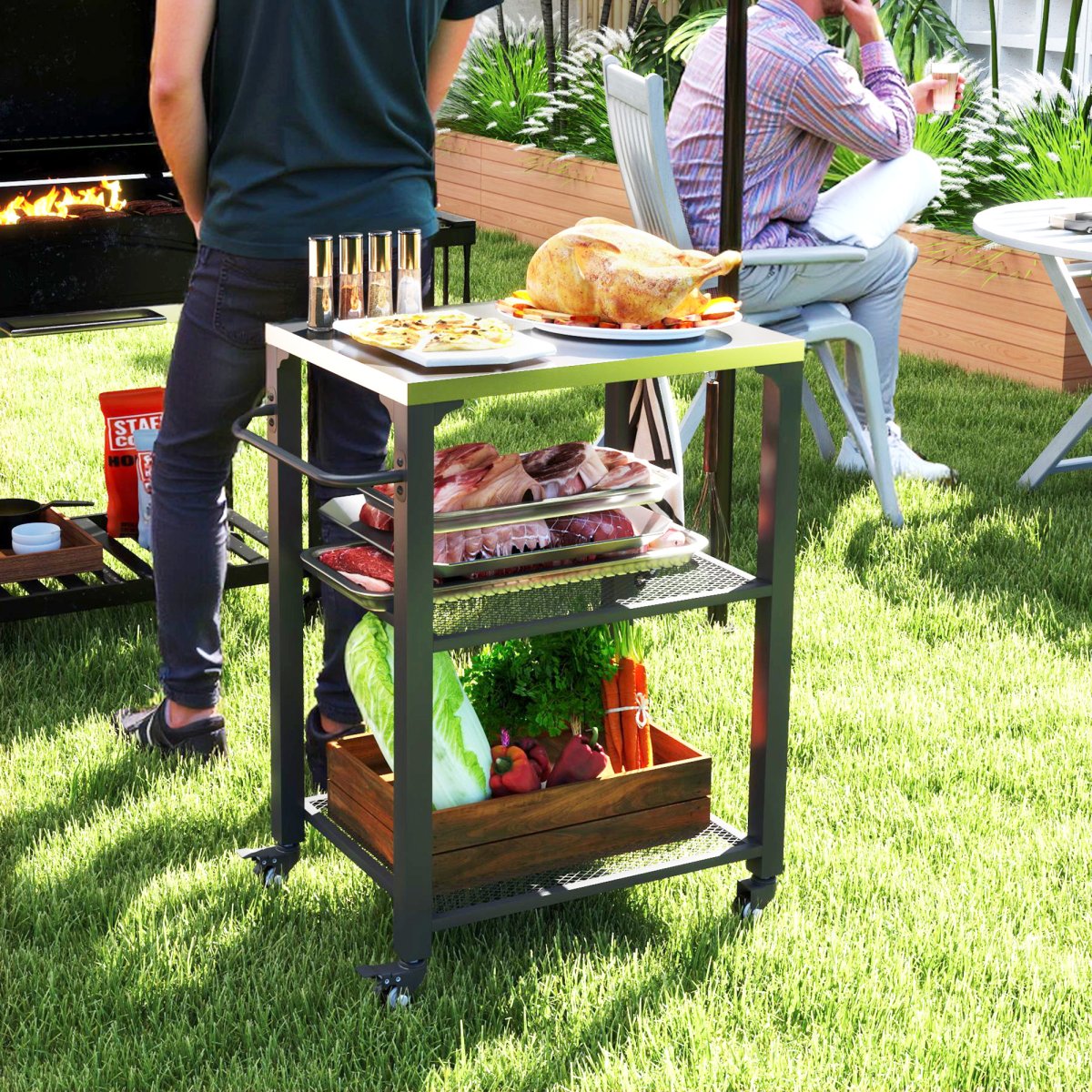 3-Shelf Outdoor Grill Cart, Outdoor Stainless Steel Top