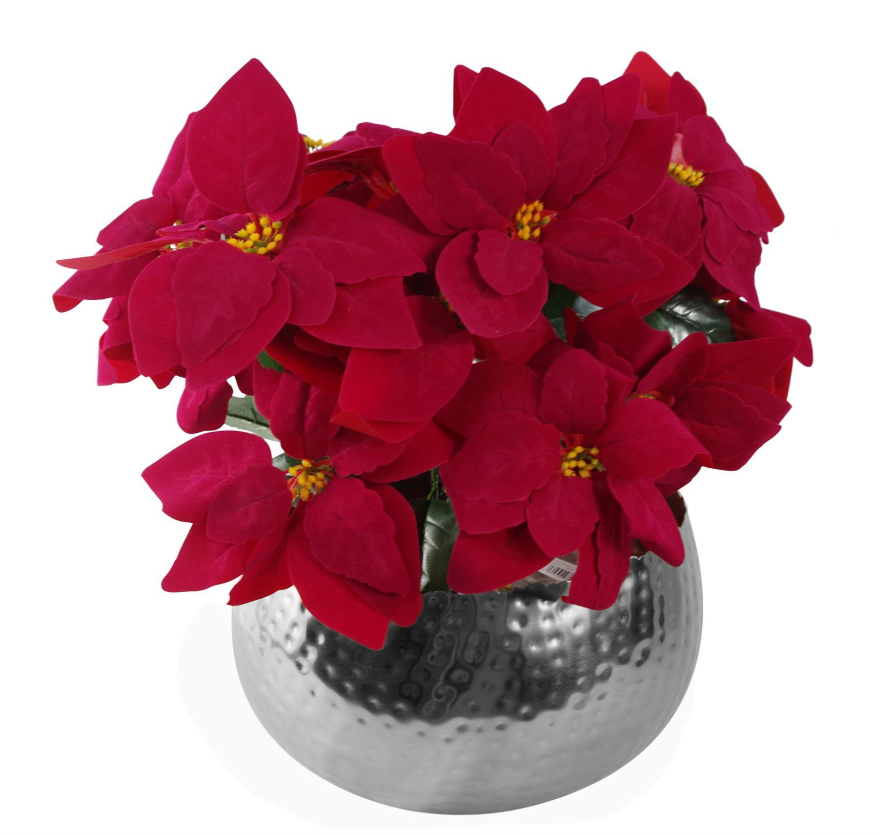 artificial christmas xmas poinsettias silver curve large metal view 1