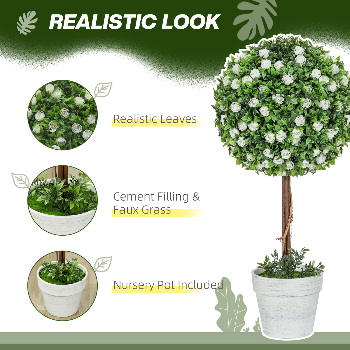 image of set of 2 artificial plants with rose flower in pot, 60cm view 2