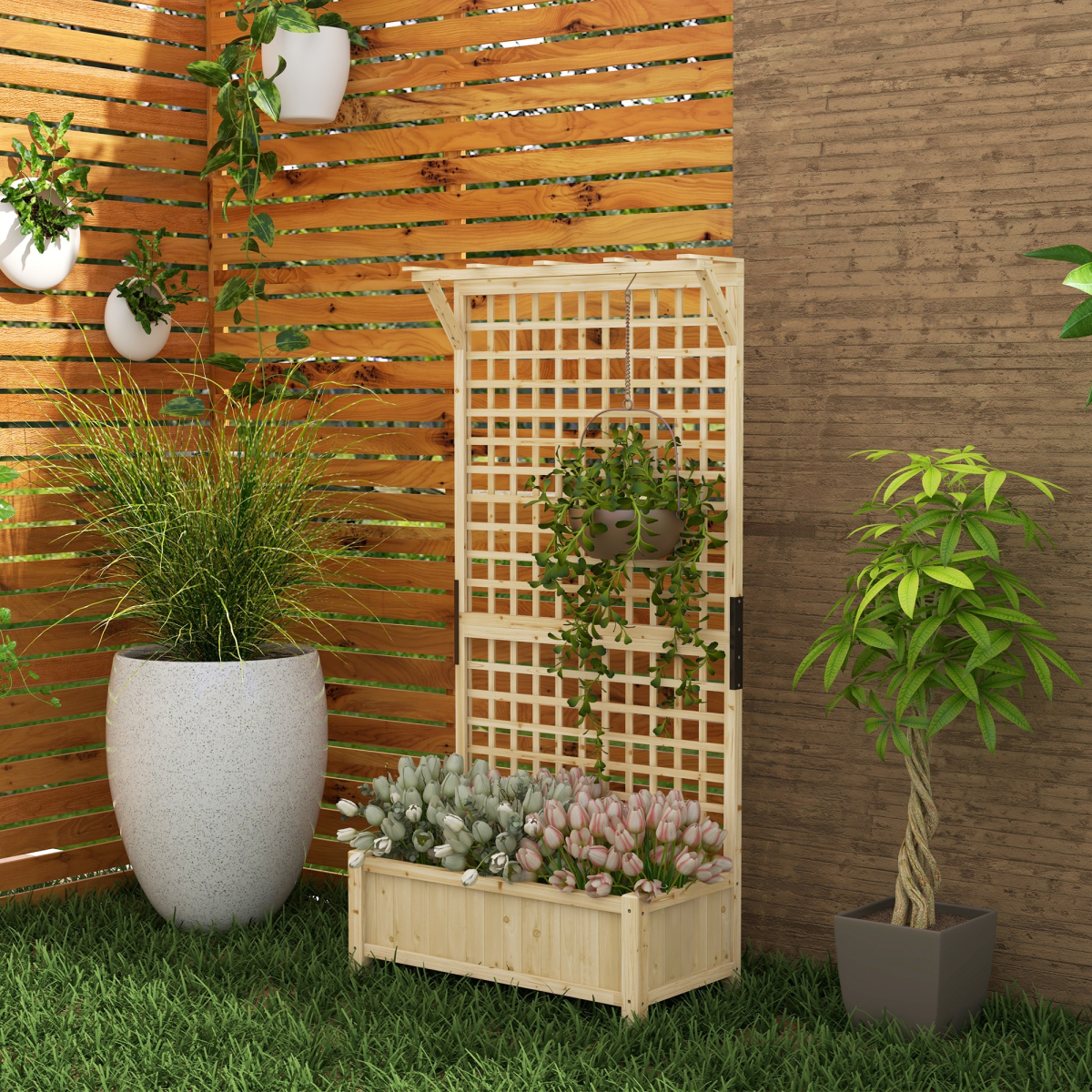 lifestyle shot of wood planter with trellis for climbing plants vines planter box natural