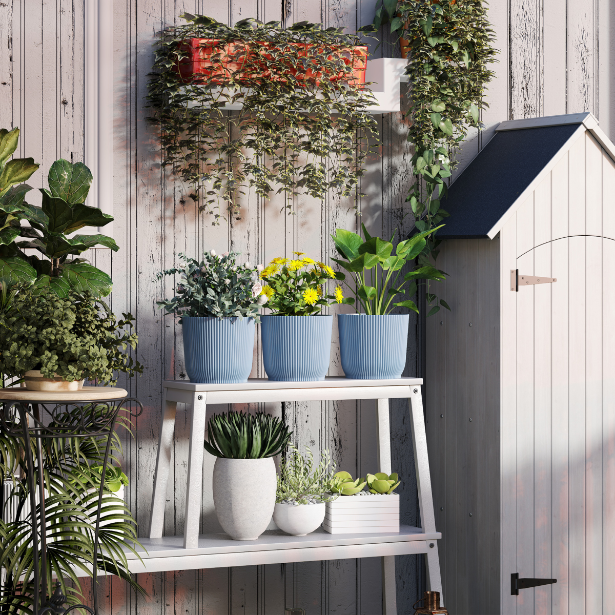 3 x Plant Pots Outdoor Garden Decoration, Blue