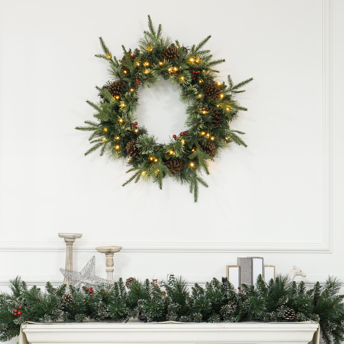 photo showing 60cm Christmas Wreath with LED Lights Pine Cones Red Berries Green