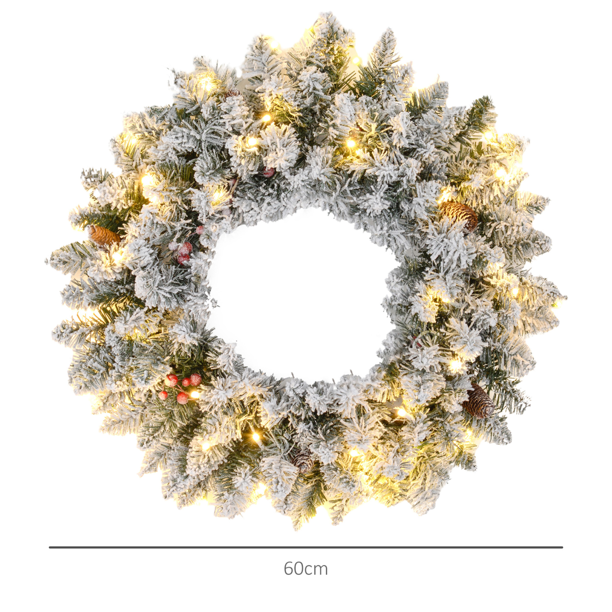 image of 60cm Flocked Christmas Wreath with Lights Pine Cones Red Berries Green